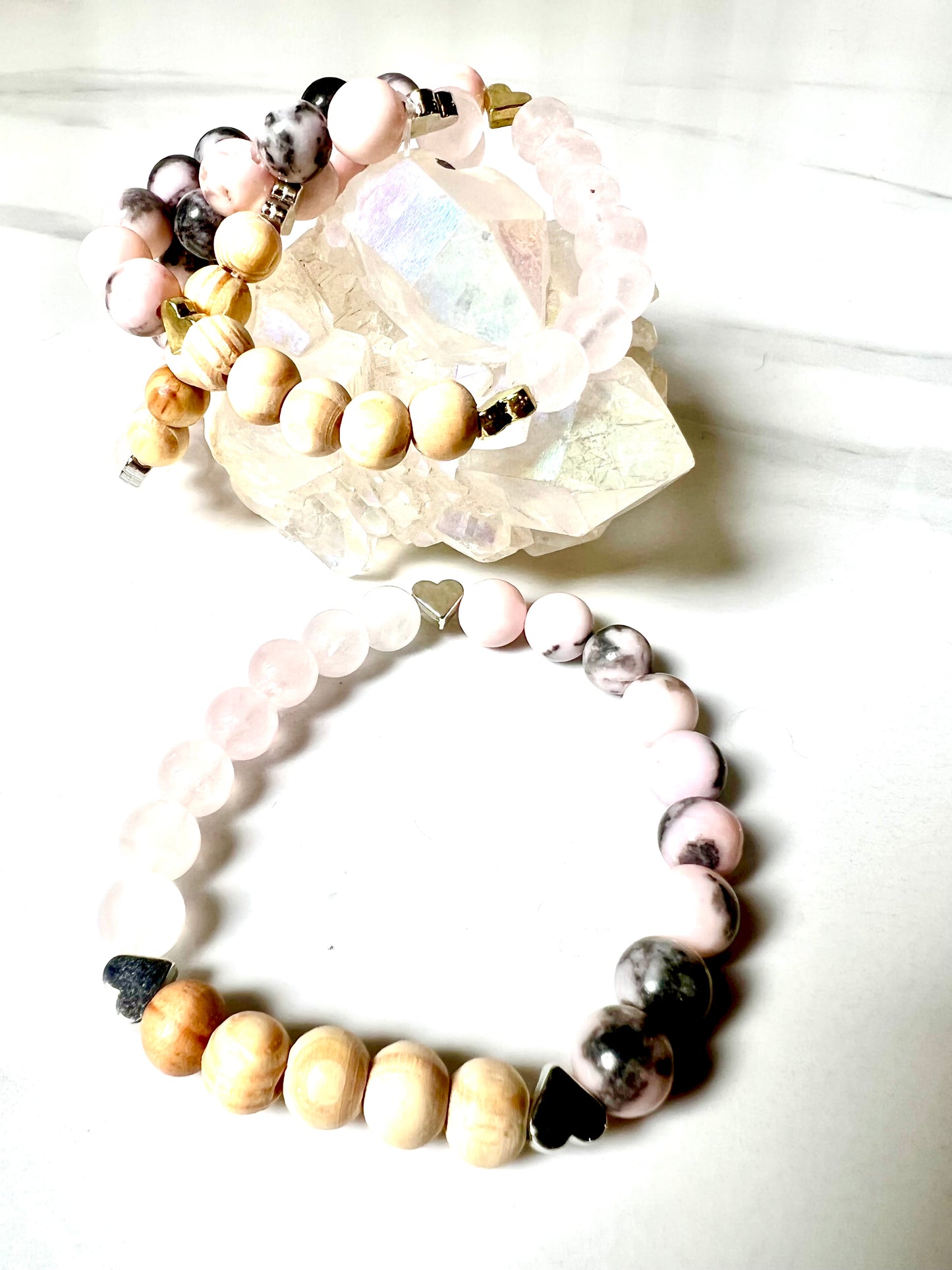 Bracelet, Pink Zebra Stone, Rose Quartz and Pine Wood