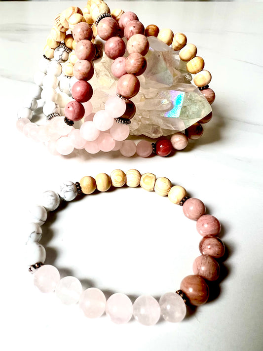 Bracelet, White Howlite, Rose Quartz, Rhodochrosite and Pine Wood