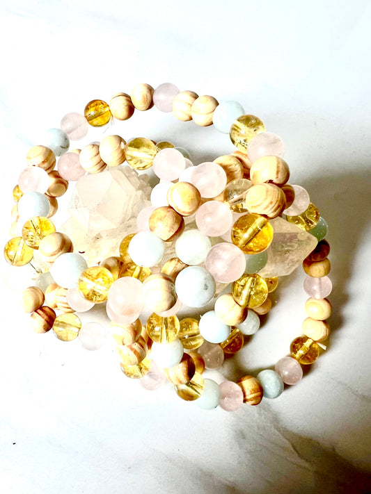 Bracelet Rose Quartz, Aquamarine, Citrine and Pine Wood