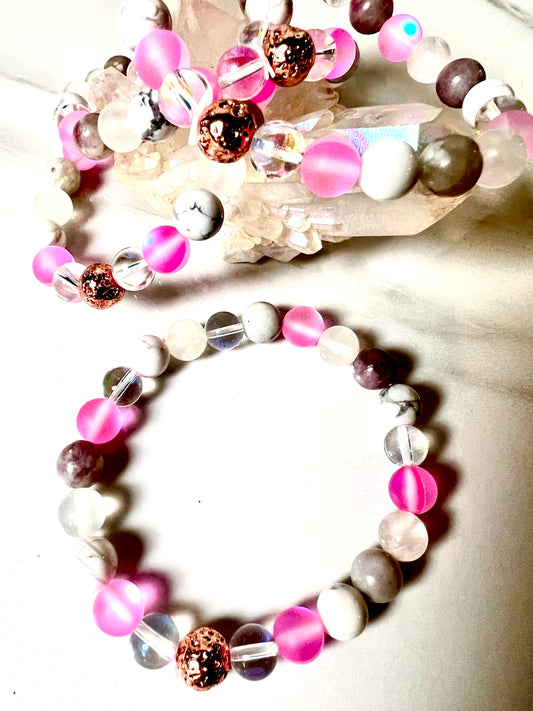 Bracelet, White Howlite, Selenite, Pink Aurora Borealis, Lepidolite