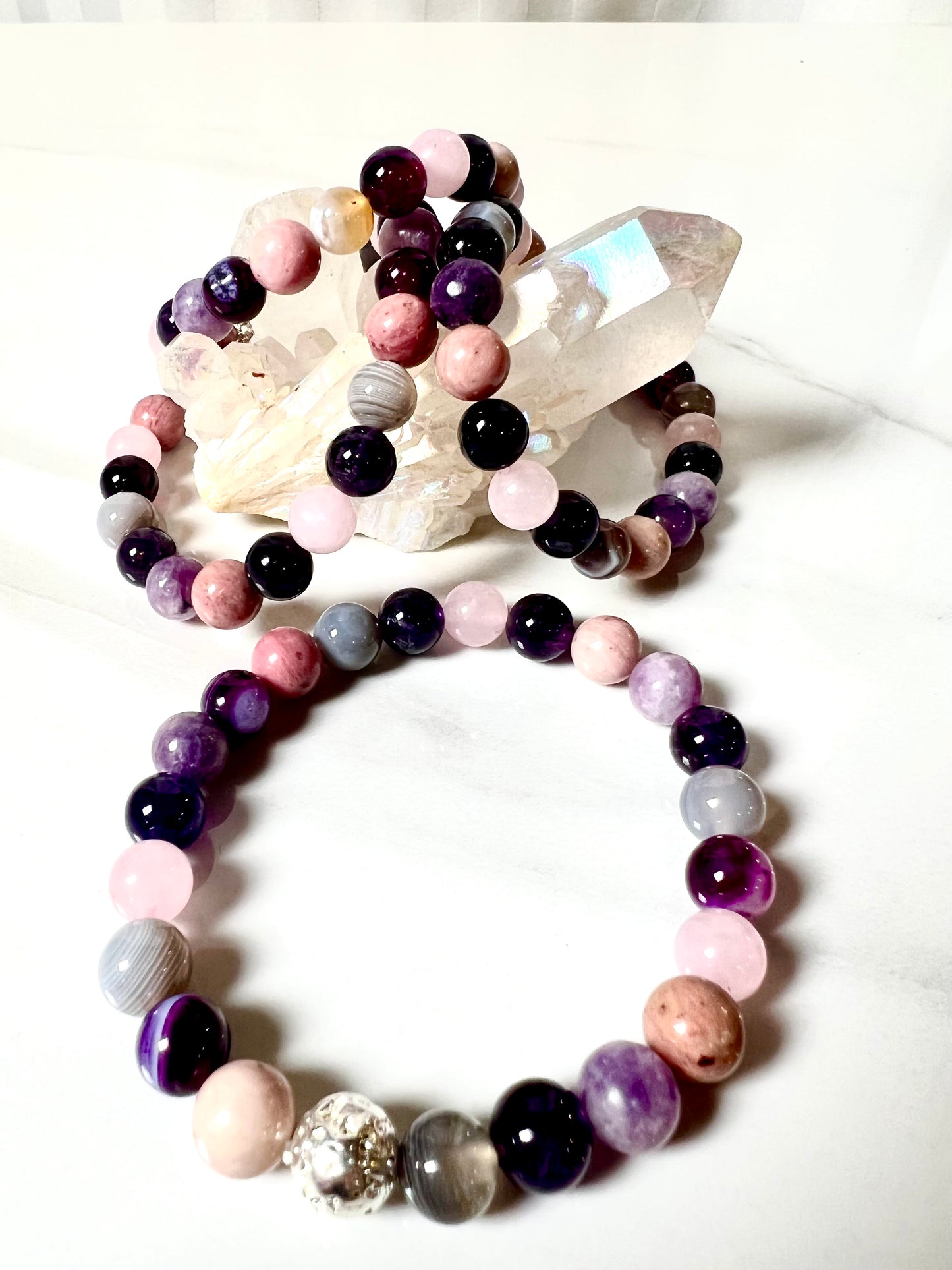 Bracelet, Rhodochrosite, Amethyst, Botswana Agate, Purple Banded Agate, Rose Quartz, Lepidolite