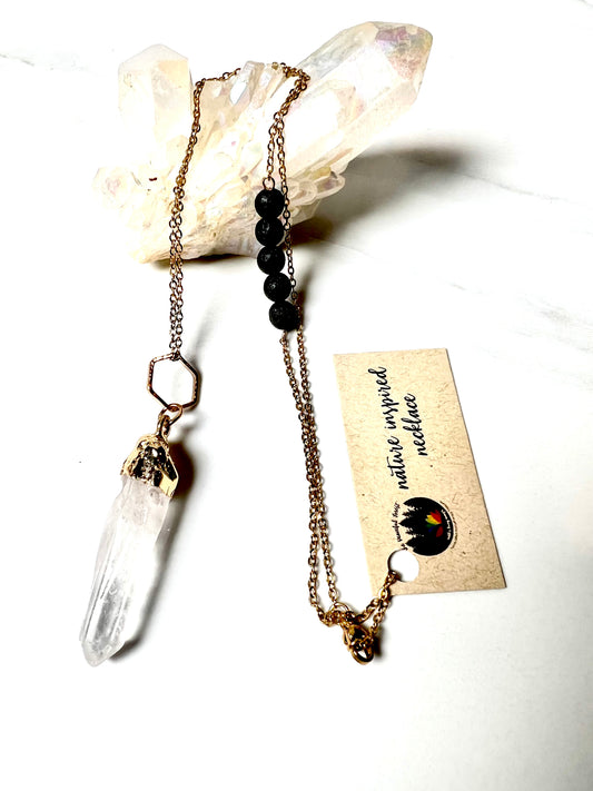 Gemstone Necklace, Clear Quartz with Lava Stone