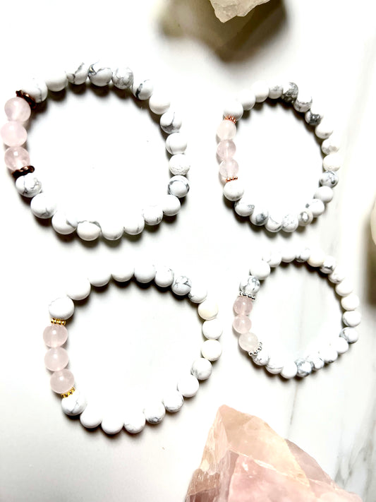 Bracelet Rose Quartz, Stone of Unconditional Love, White Howlite, Stone of Dreams Bracelet